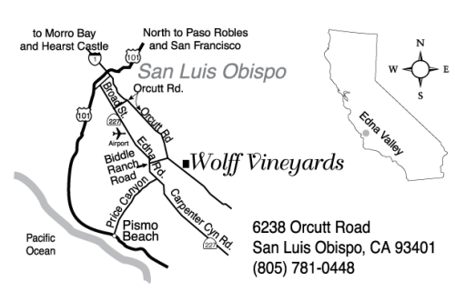 Custom map showing Wolff Vineyards location in the San Luis Obispo, CA, area